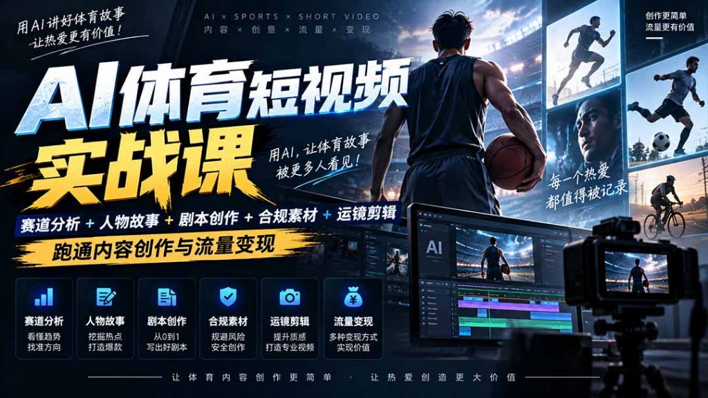 AI体育短视频赛道顶级玩法｜赛道分析+人物故事+剧本创作+版权处理+运镜剪辑，跑通流量变现-日赚1K+-孔明聊项目