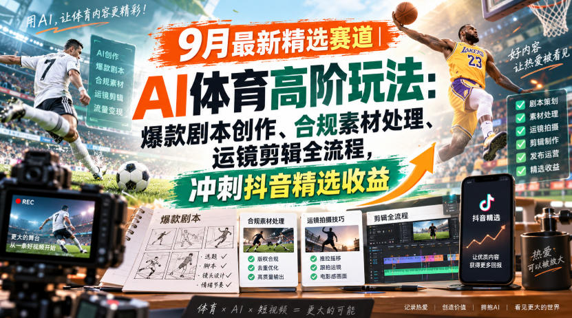 某大佬的9月最新精选赛道之AI体育顶级玩法，爆款剧本创作、版权规避、运镜剪辑全流程，稳拿抖音精选收益-孔明聊项目