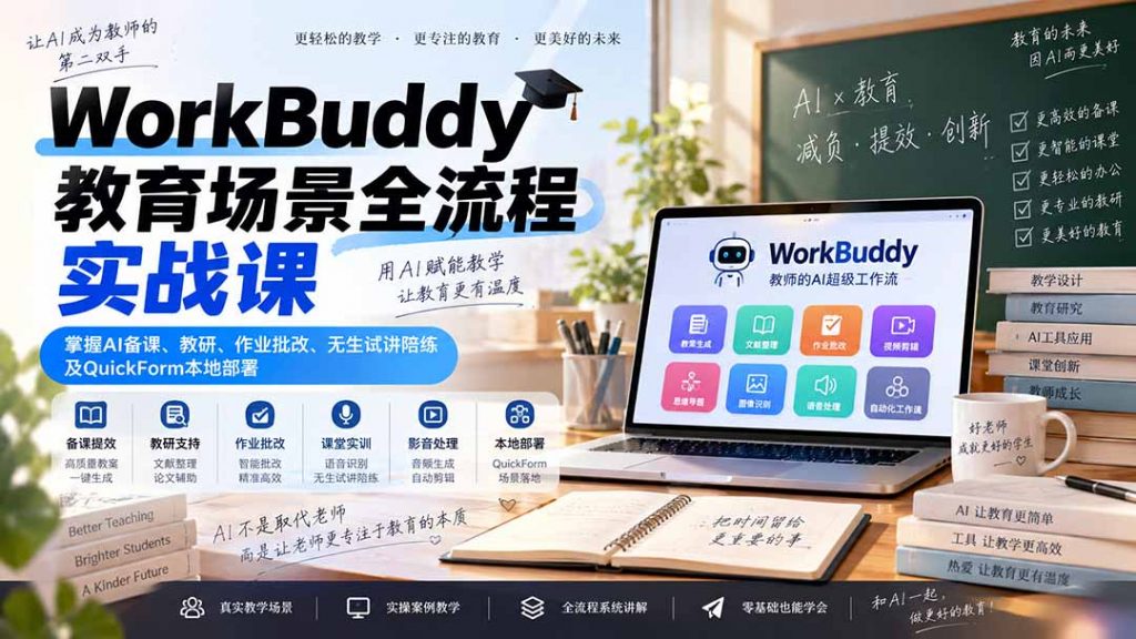 WorkBuddy教育场景全流程实战课：掌握AI备课、教研、作业批改、无生试讲陪练及QuickForm本地部署-孔明聊项目
