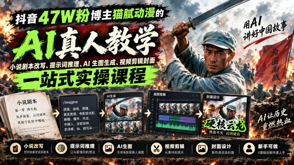 抖音47W粉博主猫腻动漫的AI真人漫剧教学，小说剧本改写、提示词推理、AI生图生成、视频剪辑封面一站式实操课程-孔明聊项目