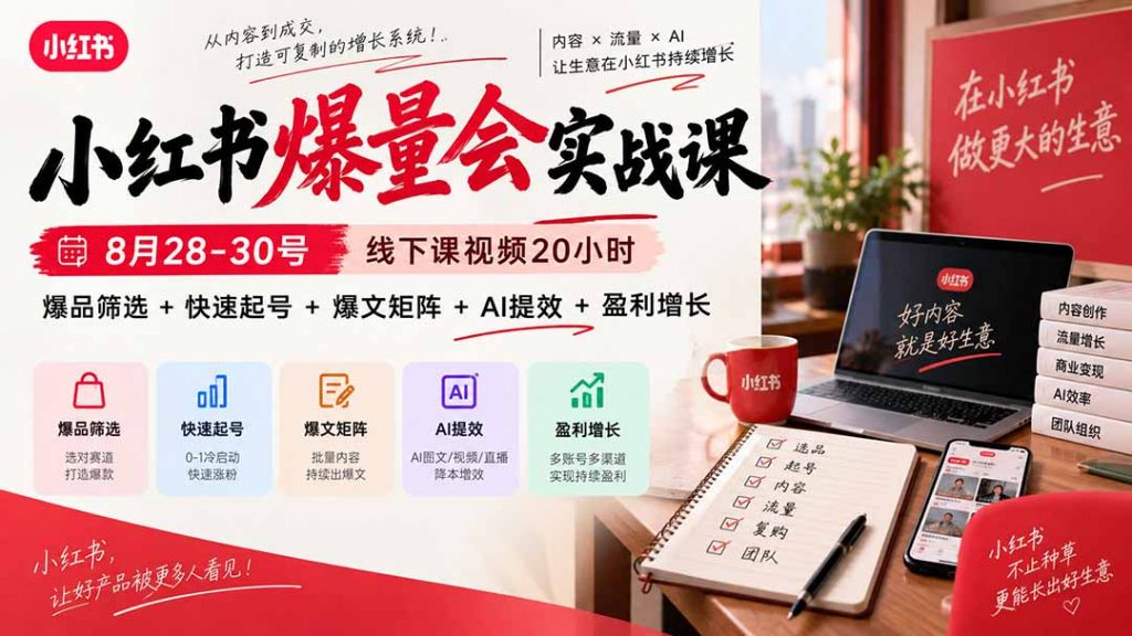 小红书爆量会实战课-更新9月17：线下课视频20小时，爆品筛选+快速起号+爆文矩阵+AI提效+盈利增长-孔明聊项目