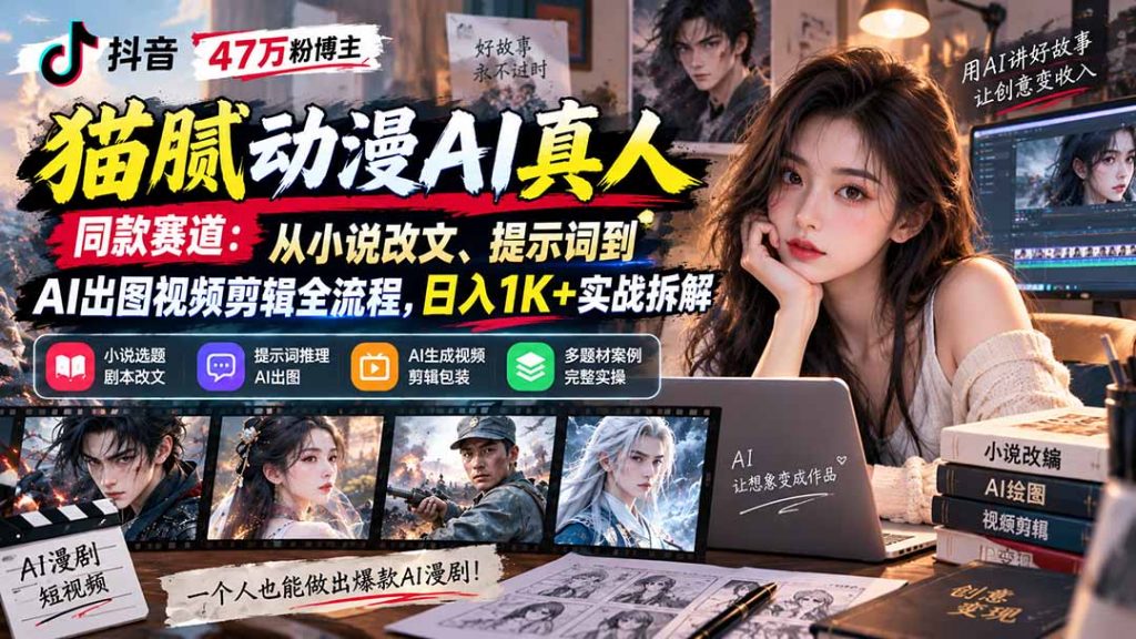 抖音47万粉博主猫腻动漫AI真人同款赛道：从小说改文、提示词到AI出图视频剪辑全流程，日入1K+实战拆解-孔明聊项目