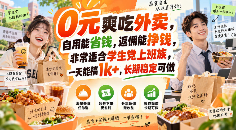0元爽吃外卖，自用能省钱，返佣能挣钱，非常适合学生党上班族，一天能搞1k+，长期稳定可做-孔明聊项目