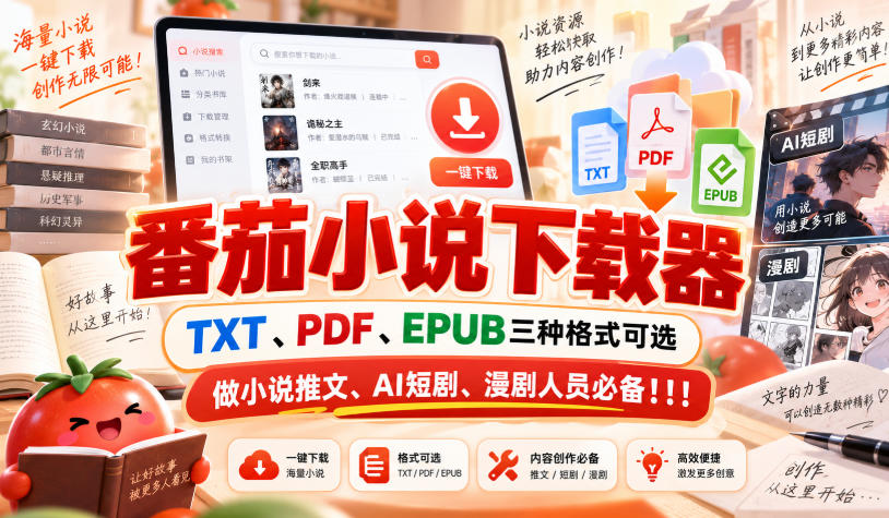 番茄小说下载器，TXT、PDF、EPUB三种格式可选，做小说推文、AI短剧、漫剧人员必备！！！-孔明聊项目