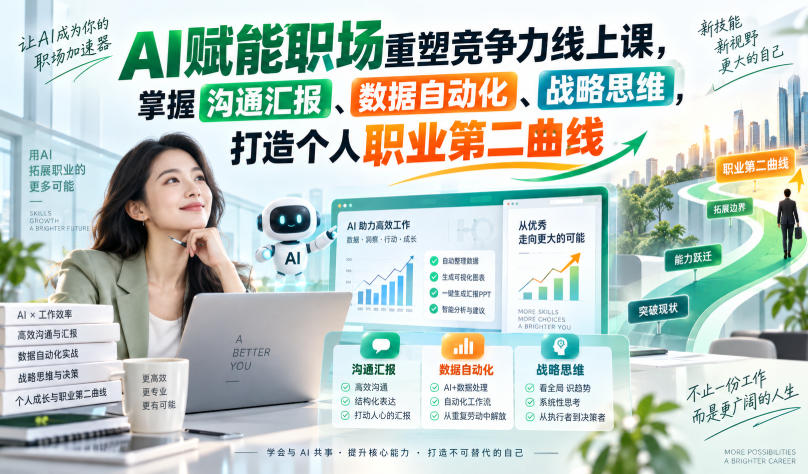 AI赋能职场重塑竞争力线上课，掌握沟通汇报、数据自动化、战略思维，打造个人职业第二曲线-孔明聊项目