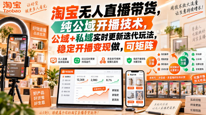 淘宝无人直播带货，纯公域开播技术，公域+私域实时更新迭代玩法，稳定开播变现做，可矩阵【揭秘】-孔明聊项目