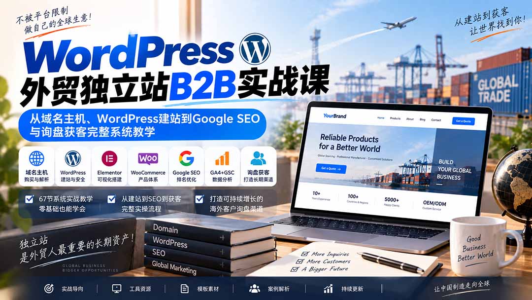 WordPress外贸独立站B2B实战课：从域名主机、WordPress建站到Google SEO与询盘获客完整系统教学-孔明聊项目
