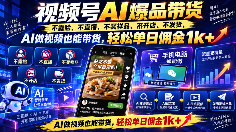 视频号Ai爆品带货，不露脸、不直播、不买样品、不开店、不发货，AI做视频也能带货，轻松单日佣金1k+-孔明聊项目
