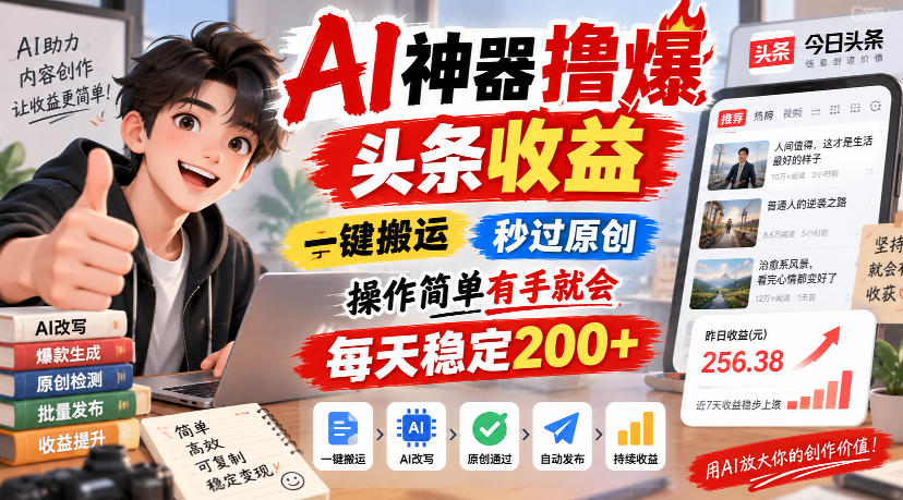 AI神器撸爆头条收益，一键搬运，秒过原创，操作简单有手就会，每天稳定200+【揭秘】-孔明聊项目