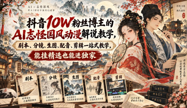 抖音10W粉丝博主满堂诡事的AI志怪国风动漫解说教学,剧本、分镜、生图、配音、剪辑一站式教学,能挂精选也能进独家-孔明聊项目