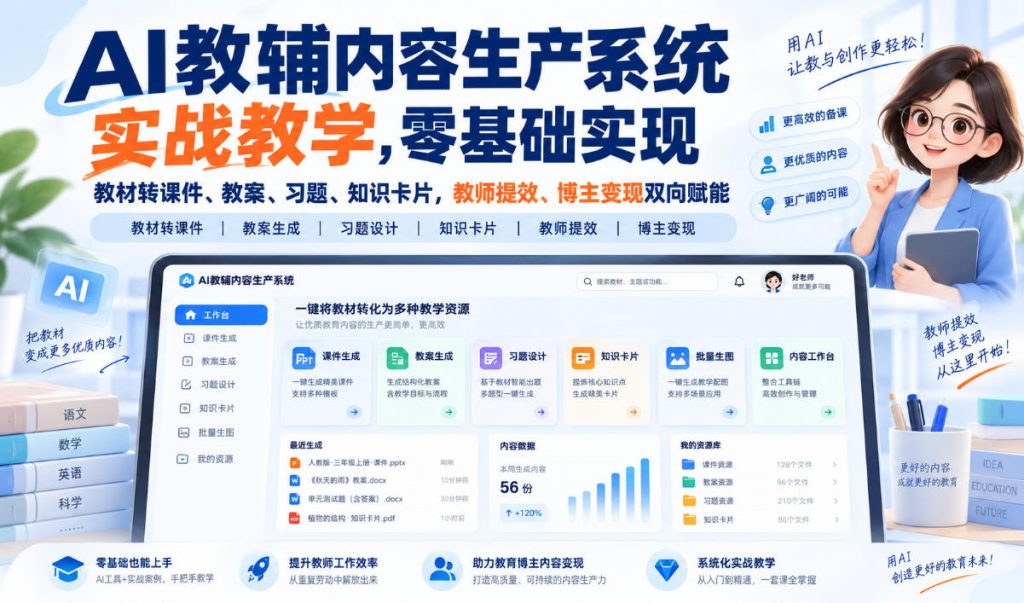 AI教辅内容生产系统实战教学,零基础实现教材转课件、教案、习题、知识卡片,教师提效、博主变现双向赋能-孔明聊项目