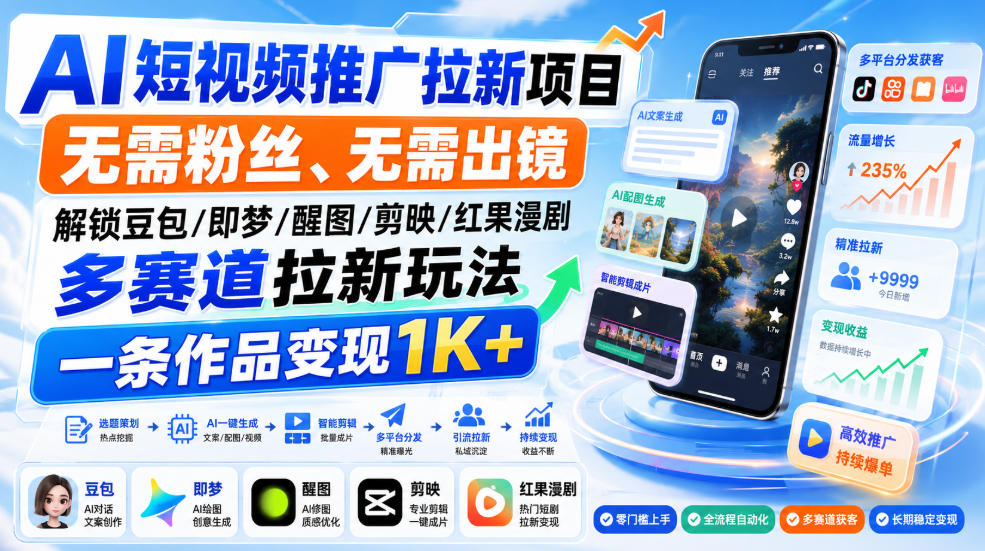 AI短视频推广拉新项目,无需粉丝、无需出镜,解锁豆包/即梦/醒图/剪映/红果漫剧多赛道拉新玩法,一条作品变现1K+(更新0918)-孔明聊项目