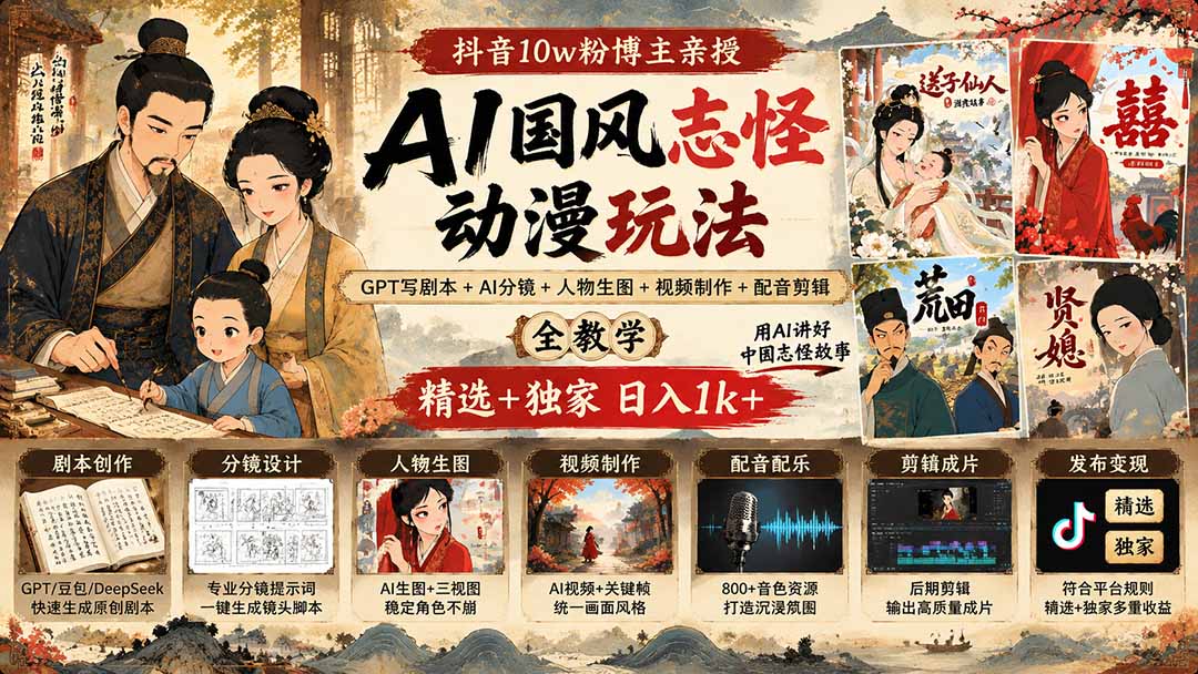 抖音10w粉博主亲授AI国风志怪动漫玩法｜GPT写剧本+AI分镜+人物生图+视频制作+配音剪辑全教学｜精选+独家日入1k+-孔明聊项目