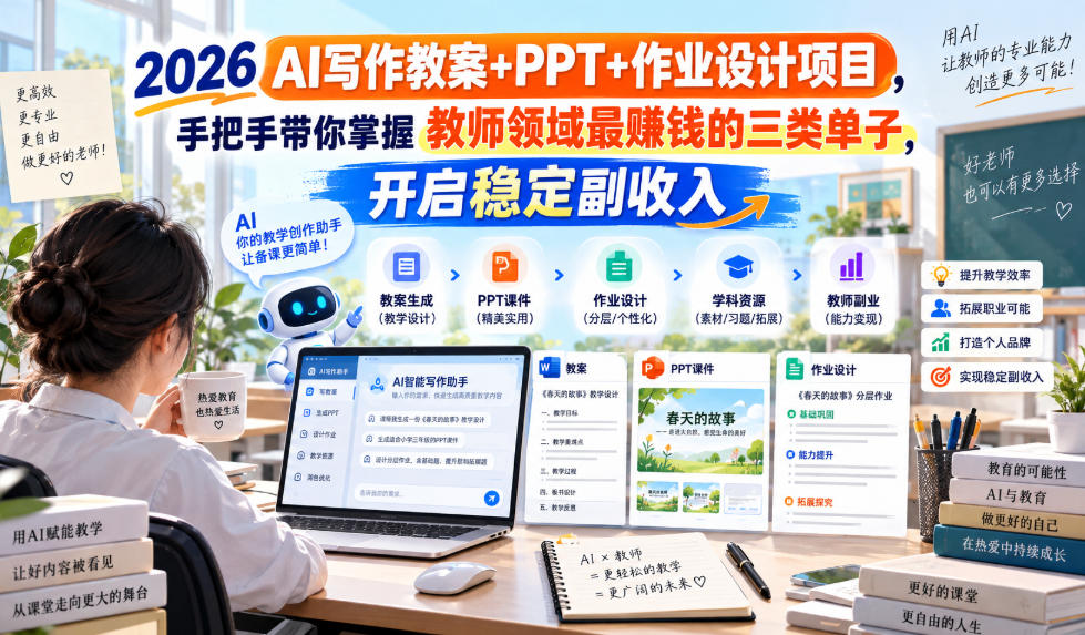 2026 AI写作教案+PPT+作业设计项目,手把手带你掌握教师领域最賺钱的三类单子,开启稳定副收入-孔明聊项目
