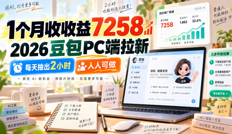 1个月收收益7258,2026豆包PC端拉新,每天抽出2小时,人人可做-孔明聊项目