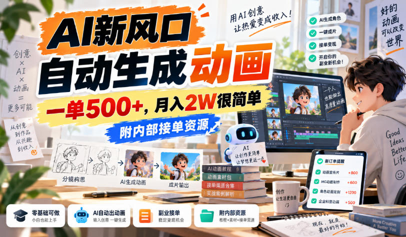 AI新风口，自动生成动画，一单500+，月入2W很简单，附内部接单资源【揭秘】-孔明聊项目