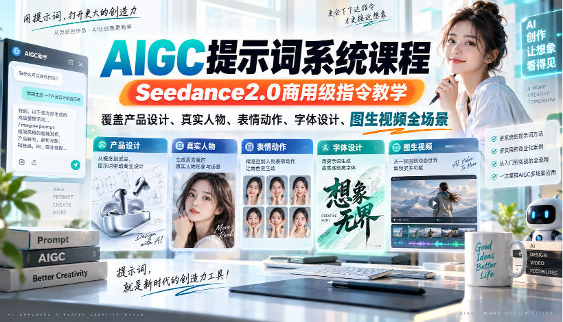 AIGC提示词系统课程，Seedance2.0商用级指令教学，覆盖产品设计、真实人物、表情动作、字体设计、图生视频全场景-孔明聊项目