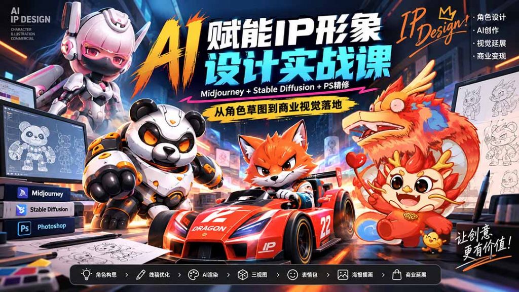 AI赋能IP形象设计实战课-无水印：Midjourney+Stable Diffusion+PS精修，从角色草图到商业视觉落地-孔明聊项目