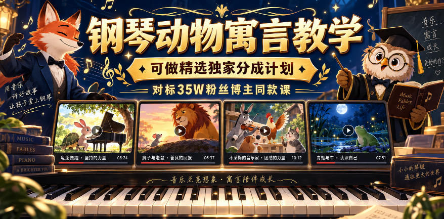 钢琴动物寓言教学，可做精选独家分成计划，对标35W粉丝博主同款课-孔明聊项目