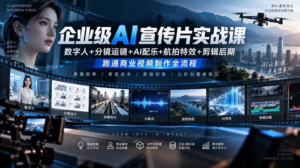 企业级AI宣传片实战课｜数字人+分镜运镜+AI配乐+航拍特效+剪辑后期，跑通商业视频制作全流程-孔明聊项目