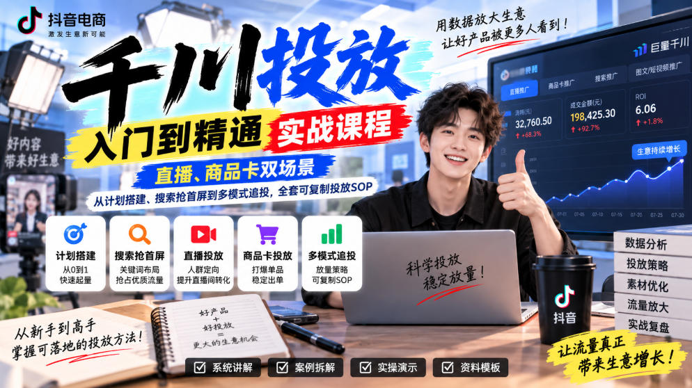 千川投放入门到精通实战课程，直播、商品卡双场景，从计划搭建、搜索抢首屏到多模式追投，全套可复制投放SOP-孔明聊项目