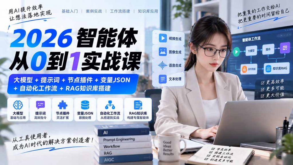 2026智能体从0到1实战课｜大模型+提示词+节点插件+变量JSON+自动化工作流+RAG知识库搭建-孔明聊项目