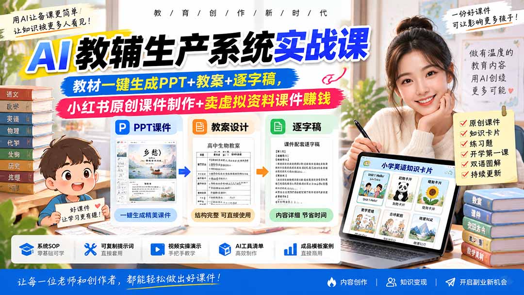 AI教辅生产系统实战课｜教材一键生成PPT+教案+逐字稿，小红书原创课件制作+卖虚拟资料课件赚钱-孔明聊项目