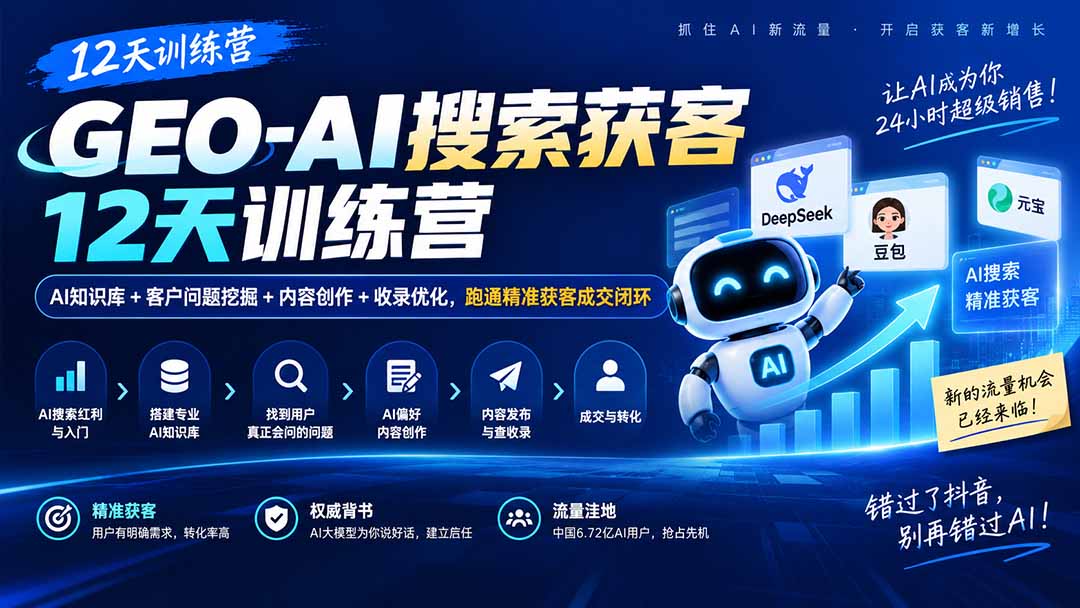 GEO-AI搜索获客12天训练营｜AI知识库+客户问题挖掘+内容创作+收录优化，跑通精准获客成交闭环-孔明聊项目