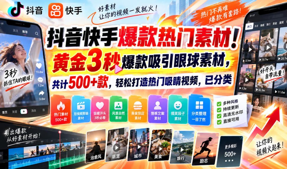 抖音快手爆款热门素材！黄金3秒爆款吸引眼球素材，共计500+款，轻松打造热门吸睛视频，已分类-孔明聊项目
