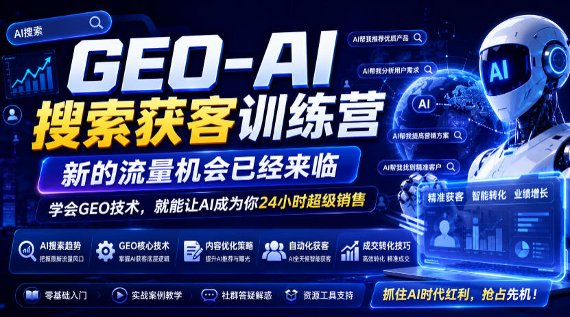 GEO-AI搜索获客训练营，新的流量机会已经来临，学会GEO技术，就能让AI成为你24小时超级销售(更新0919)-孔明聊项目
