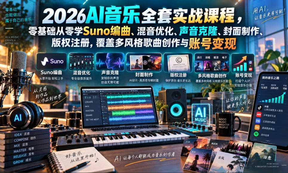 2026AI音乐实战课程，零基础从零学Suno编曲、混音优化、声音克隆、版权注册，覆盖多风格歌曲创作与账号变现-孔明聊项目