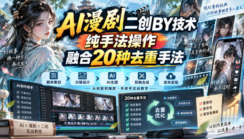 AI漫剧二创搬运技术，纯手法操作，融合20种去重手法-孔明聊项目