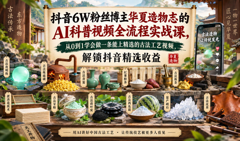 抖音6W粉丝博主华夏造物志的AI科普视频全流程实战课，从0到1学会做一条能上精选的古法工艺视频，解锁抖音精选收益-孔明聊项目