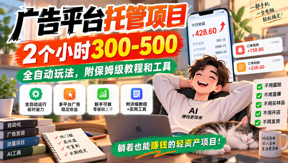 广告平台托管项目，2个小时300-500，全自动玩法，附保姆级教程和工具，小白照着就能做【揭秘】-孔明聊项目