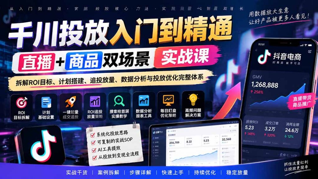 千川投放入门到精通实战课｜直播+商品双场景拆解ROI目标、计划搭建、追投放量、数据分析与投放优化完整体系-孔明聊项目