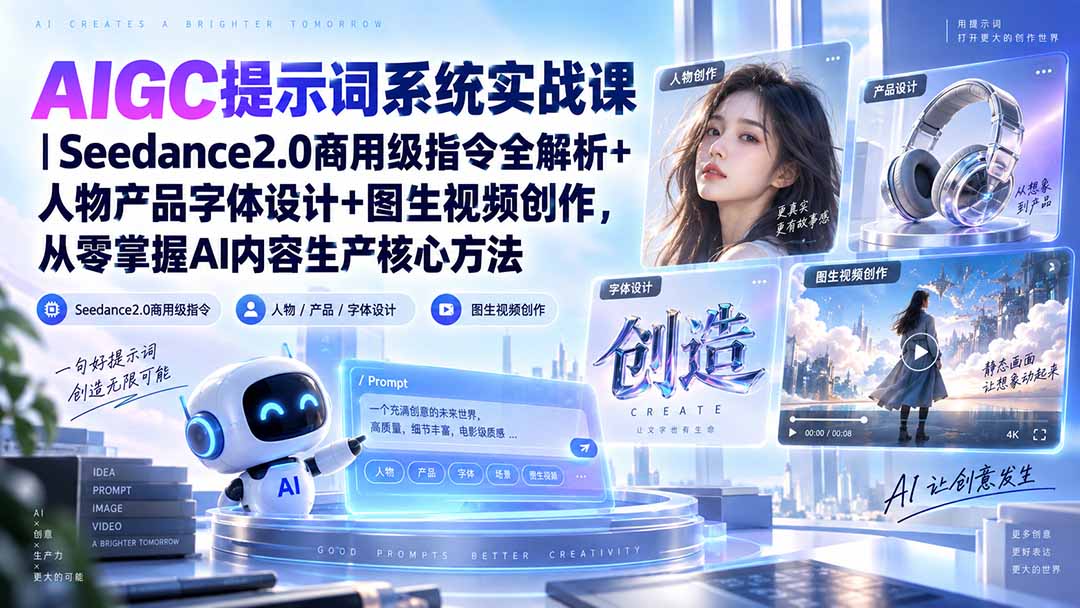 AIGC提示词系统实战课-无水印｜Seedance2.0商用级指令全解析+人物产品字体设计+图生视频创作，掌握AI内容生产方法-孔明聊项目