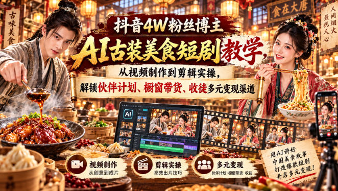 抖音4W粉丝博主AI古装美食短剧教学，从视频制作到剪辑实操，解锁伙伴计划、橱窗带货、收徒多元变现渠道-孔明聊项目