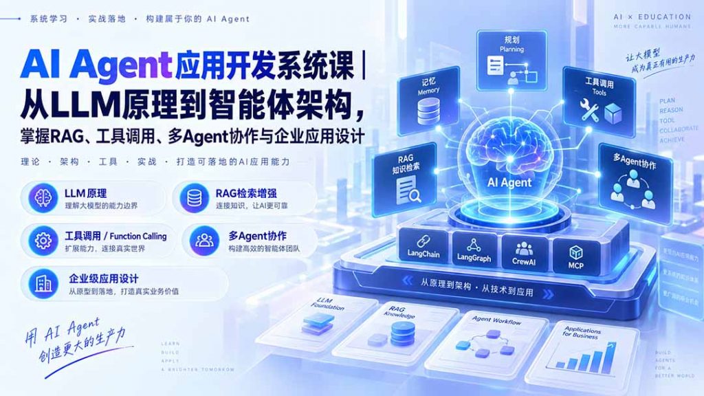 AI Agent应用开发系统课-179节｜从LLM原理到智能体架构，掌握RAG、工具调用、多Agent协作与企业应用设计-孔明聊项目