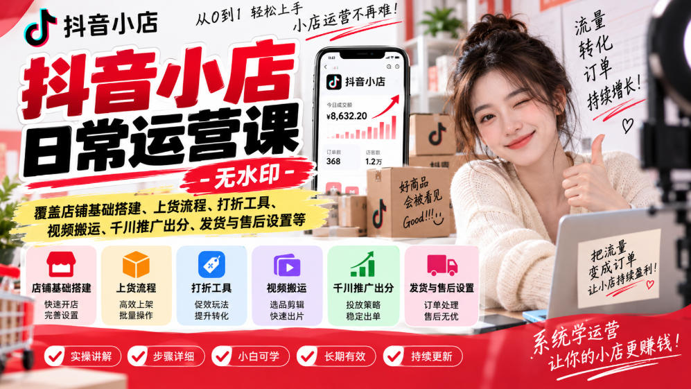 抖音小店日常运营课-无水印，覆盖店铺基础搭建、上货流程、打折工具、视频搬运、千川推广出分、发货与售后设置等-孔明聊项目