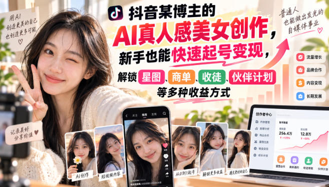 抖音某博主的AI真人感美女创作，新手也能快速起号变现，解锁星图，商单，收徒，伙伴计划等多种收益方式-孔明聊项目
