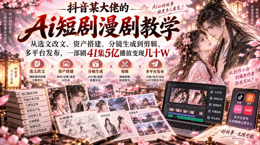 抖音某大佬的Ai短剧漫剧教学，从选文改文、资产搭建、分镜生成到剪辑、多平台发布，一部剧41集5亿播放变现几十W-孔明聊项目