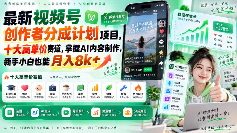 最新视频号创作者分成计划项目，十大高单价赛道，掌握AI内容制作，新手小白也能月入8k+-孔明聊项目