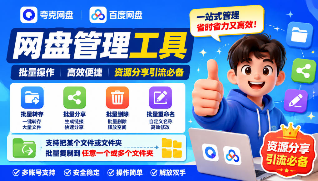 夸克网盘批量文件重命名，批量转存、批量分享、批量复制，内置AI功能-孔明聊项目