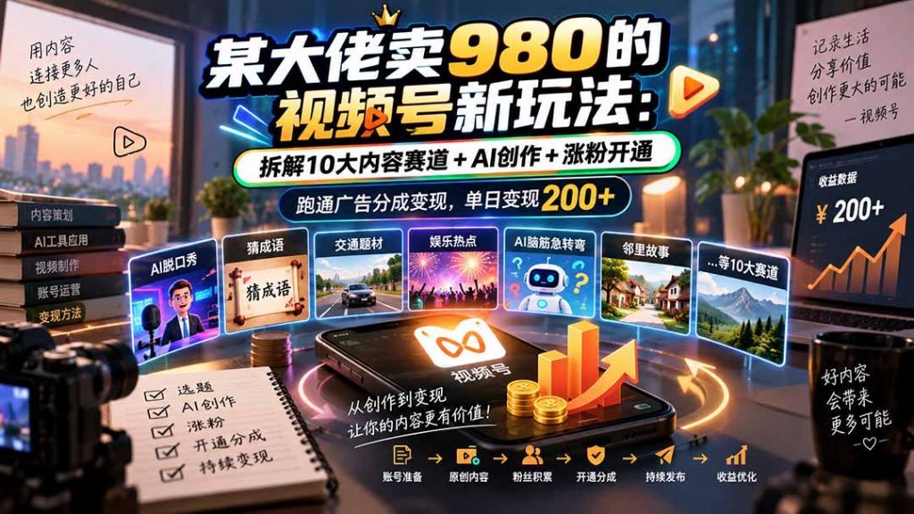 某大佬卖980的视频号新玩法：拆解10大内容赛道+AI创作+涨粉开通，跑通广告分成变现，单日变现200+-孔明聊项目