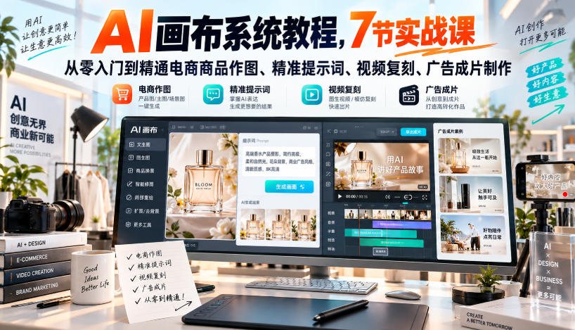 AI画布系统教程，7节实战课从零入门到精通电商商品作图、精准提示词、视频复刻、广告成片制作-孔明聊项目