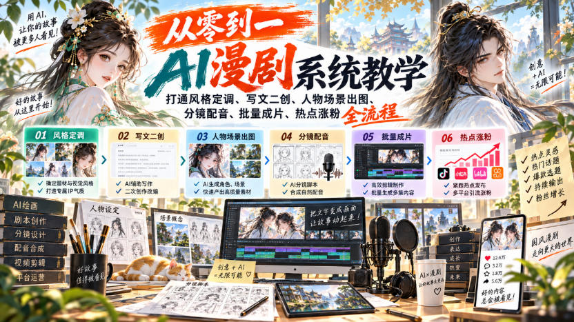从零到一AI漫剧系统教学，打通风格定调、写文二创、人物场景出图、分镜配音、批量成片、热点涨粉全流程-孔明聊项目