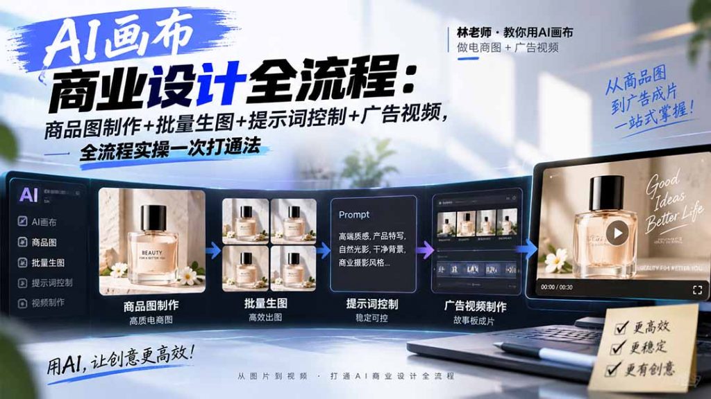 AI画布商业设计全流程：商品图制作+批量生图+提示词控制+广告视频，全流程实操一次打通法-孔明聊项目