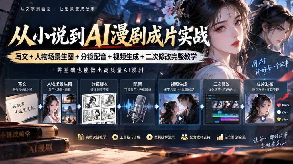 从小说到AI漫剧成片实战：写文+人物场景生图+分镜配音+视频生成+二次修改完整教学-孔明聊项目