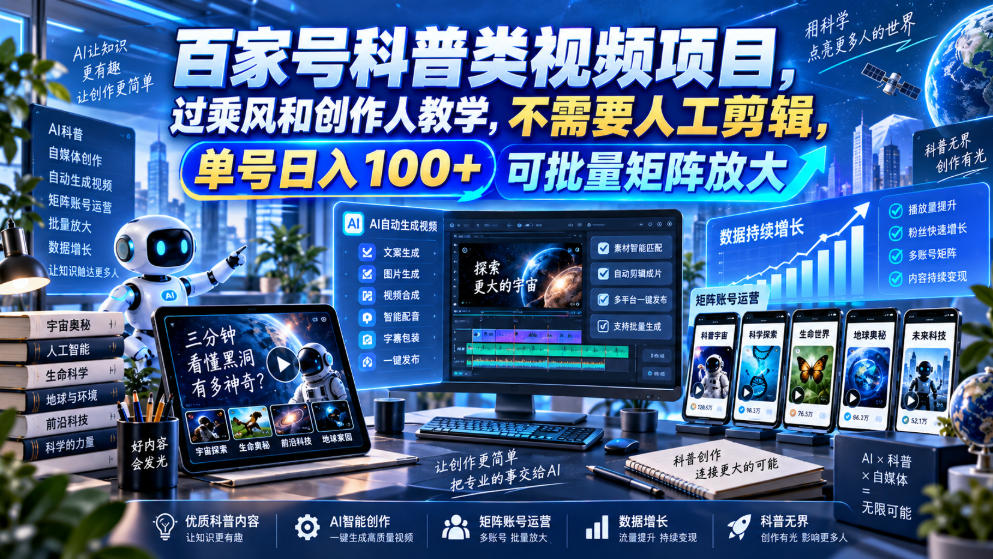 百家号科普类视频项目，过乘风和创作人教学，不需要人工剪辑，单号日入100+可批量矩阵放大-孔明聊项目