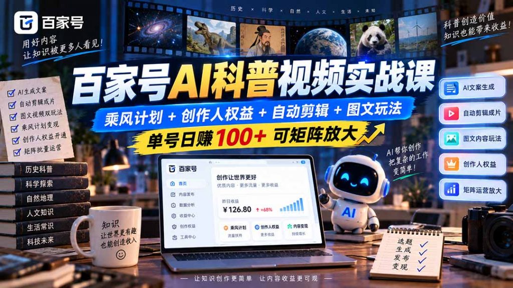 百家号AI科普视频实战课：乘风计划+创作人权益+自动剪辑+图文玩法，单号日赚100+可矩阵放大-孔明聊项目